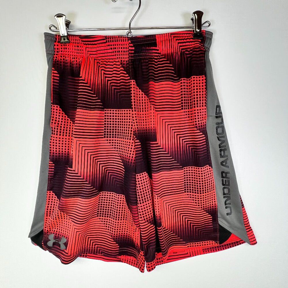 Under Armour Boys YLG Red Black Athletic Shorts Eliminator Loose Fit 10" Inseam